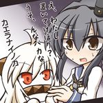  ahoge brown_eyes covered_mouth grey_hair hairband hat horns kantai_collection kasaneko long_hair mini_hat multiple_girls northern_ocean_hime open_mouth red_eyes school_uniform serafuku shinkaisei-kan sweat tokitsukaze_(kantai_collection) translated white_hair white_skin 