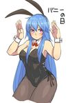  :&lt; alternate_costume animal_ears bad_id bad_pixiv_id black_legwear blue_hair blush bow breasts bunny_day bunnysuit cleavage detached_collar fake_animal_ears highres hinanawi_tenshi large_breasts long_hair michihasu pantyhose pink_eyes ribbon simple_background solo touhou very_long_hair white_background wrist_cuffs 