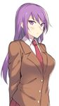  arms_behind_back bad_id bad_pixiv_id blush character_request formal highres long_hair necktie peach_(momozen) purple_eyes purple_hair solo suit upper_body white_background 