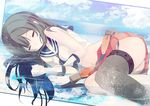  afloat agano_(kantai_collection) bad_id bad_pixiv_id black_hair closed_eyes crop_top gloves kantai_collection long_hair looking_at_viewer lying midriff nasubi_(fian0202) navel partially_submerged pleated_skirt school_uniform serafuku skirt sleeping solo white_gloves 