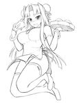  bad_id bad_pixiv_id baozi bare_shoulders bracelet brooch bun_cover china_dress chinese_clothes double_bun dress food full_body gem greyscale holding jewelry long_hair monochrome panties peach_(momozen) plate ribbon simple_background sketch solo thighhighs thighs underwear white_background 