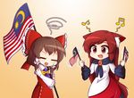  :d =_= animal_ears ascot bow brown_eyes brown_hair closed_eyes color_connection commentary detached_sleeves english_commentary fang flag hair_bow hair_ribbon hair_tubes hakurei_reimu holding imaizumi_kagerou long_hair malaysia malaysian_flag multiple_girls musical_note open_mouth ribbon smile tail touhou wolf_ears wolf_tail wool_(miwol) 