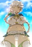  arms_at_sides braid breasts check_translation cleavage_cutout cloud_print colored_eyelashes commentary_request from_below hair_ornament jitome kantai_collection large_breasts long_hair looking_at_viewer matsuzono midriff miniskirt navel panties pantyshot pleated_skirt silver_hair single_braid skirt solo standing tareme thighhighs translation_request underwear unryuu_(kantai_collection) very_long_hair wavy_hair yellow_eyes 