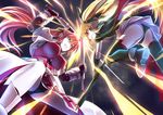  ass bardiche battle black_panties blonde_hair blue_eyes boots breasts cape clash clenched_teeth duel electricity fate_testarossa faulds fingerless_gloves from_below gauntlets gloves hair_ribbon highres jacket large_breasts levantine long_hair lyrical_nanoha mahou_shoujo_lyrical_nanoha mahou_shoujo_lyrical_nanoha_a's multiple_girls open_mouth panties pink_hair ponytail puffy_sleeves red_eyes ribbon scythe sheath signum skirt sm318 sword teeth twintails underwear very_long_hair weapon 