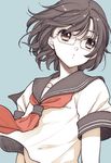  androgynous ayamiya_fumi bad_id bad_pixiv_id banned_artist black_hair blue_background crossdressing expressionless eyelashes glasses gowther looking_afar male_focus nanatsu_no_taizai school_uniform serafuku shirt simple_background solo 