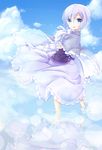  :d bad_id bad_pixiv_id blue_eyes blurry bokeh capelet cloud day depth_of_field dutch_angle elbow_gloves full_body gloves horizon looking_at_viewer looking_back open_mouth original reflection ripples short_hair sky smile solo wading water white_gloves white_hair yonema 