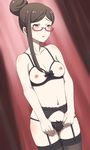  bra breastless_clothes breasts brown_eyes brown_hair garter_belt glasses jewelpet_(series) lady_jewelpet lady_rector medium_breasts meow_(nekodenki) nipples panties revealing_clothes short_hair solo thighhighs underwear underwear_only 