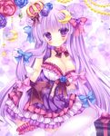  bad_id bad_pixiv_id blush bow breasts cleavage crescent crescent_hair_ornament crown double_bun dress frills hair_bow hair_ornament kouta. large_breasts lavender_eyes lavender_hair long_hair mini_crown patchouli_knowledge thighhighs touhou very_long_hair white_legwear 