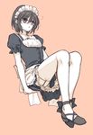  androgynous apron ayamiya_fumi bad_id bad_pixiv_id banned_artist black_eyes black_hair crossdressing expressionless eyelashes full_body glasses gowther headdress high_heels maid maid_apron maid_headdress male_focus nanatsu_no_taizai pink_background shoes simple_background solo tattoo 