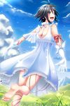  :d antenna_hair bare_shoulders barefoot bird black_hair bow cloud day dress feet gloves grass idolmaster idolmaster_(classic) kikuchi_makoto looking_back open_mouth shiny shiny_skin short_hair sky sleeveless sleeveless_dress smile soles solo tog_(shoten) white_dress 