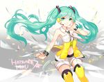  apring bad_id bad_pixiv_id banned_artist character_name collar green_eyes green_hair hatsune_miku headset long_hair nail_polish navel necktie shorts smile solo thighhighs twintails very_long_hair vocaloid yellow_(vocaloid) yellow_legwear 