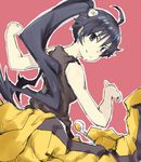  ahoge araragi_karen black_eyes black_hair black_shirt gedou_(ge_ge_gedou) hair_ornament long_hair looking_at_viewer monogatari_(series) nisemonogatari pink_background ponytail shirt sleeveless smile solo track_suit 