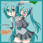  &gt;_&lt; :d aqua_eyes aqua_hair carrying chibi_miku closed_eyes detached_sleeves hatsune_miku long_hair minami_(colorful_palette) multiple_girls necktie open_mouth piggyback skirt smile spring_onion thighhighs translation_request twintails very_long_hair vocaloid xd 