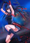  akame akame_ga_kill! armpits arms_up black_hair blood blurry boots breasts depth_of_field dress frown gloves long_hair medium_breasts necktie red_eyes solo sturmjager sword weapon 