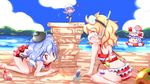  :3 afloat all_fours alternate_headwear bat_wings beach bikini blonde_hair blue_hair blue_sky bowl closed_eyes cloud dancing day diving_mask fang flandre_scarlet hammer hat headwear_switch heart highres innertube kikurage_(sugi222) komeiji_satori komeiji_satori_(dango) minigirl mob_cap multiple_girls ocean open_mouth outdoors purple_hair red_bikini red_eyes remilia_scarlet sand_castle sand_sculpture school_swimsuit shovel siblings sisters sitting sky smile striped striped_bikini striped_swimsuit sukuna_shinmyoumaru swimsuit third_eye touhou upside-down wariza wings yukkuri_shiteitte_ne 