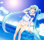  aqua_eyes aqua_hair bikini_bottom cloud crop_top day dutch_angle front-tie_top hatsune_miku lens_flare long_hair mikoko_(mg2) ocean open_mouth shirt sky solo sun tied_shirt twintails very_long_hair vocaloid water 