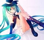  2014 boots character_name cross-laced_footwear dated gloves green_eyes green_hair hair_ornament hairclip hat hatsune_miku highres knee_boots lace-up_boots long_hair q-chiang sitting skirt solo twintails very_long_hair vocaloid 