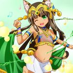  :d ;d alice_bambi animal_ears armlet bare_shoulders bastet_(p&amp;d) bracer brown_hair cat_ears cat_tail closed_eyes egyptian egyptian_clothes fang green_eyes jewelry leg_up light_particles long_hair musical_note navel necklace one_eye_closed open_mouth paw_pose puzzle_&amp;_dragons skirt smile solo strapless tail tubetop white_skirt 