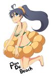  antenna_hair bikini black_hair blue_eyes doughnut_innertube fang ganaha_hibiki high_ponytail idolmaster idolmaster_(classic) innertube long_hair mister_donut navel ponytail rorikon_(youkon) smile solo swimsuit 