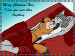  anthro bed blanket canine christmas cuddling feral fox fur green_tongue grey_fur holidays licking love mammal orange_fur pillow rommy_winterlight sessinoga shin_lehra tongue wolf 