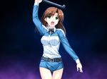  belt bloody_rondo bow brown_hair cowboy_shot extra game_cg green_eyes lead_pipe makita_maki shorts solo tears thigh_gap tnt 