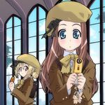  bag beret blonde_hair blue_eyes bow bowtie brown_eyes brown_hair cellphone cellphone_charm hair_bun hat holding long_hair multiple_girls original phone school_bag school_hat school_uniform smile tsurugi_yasuyuki 