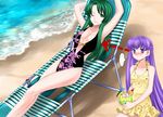  2girls 74 beach beach_chair blush breast_envy breasts cecilia_(fire_emblem) cleavage directional_arrow dress fire_emblem fire_emblem:_fuuin_no_tsurugi food fruit fruit_cup green_eyes green_hair large_breasts long_hair looking_at_another lying multiple_girls ocean on_back one-piece_swimsuit one_eye_closed purple_eyes purple_hair sitting sofiya star star_print sweatdrop swimsuit very_long_hair yellow_dress 