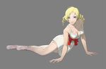  3d blonde_hair blue_eyes breasts catherine catherine_(game) cel_shading choker cleavage dress drill_hair eyeshadow large_breasts legs lipstick long_legs makeup nail_polish official_art pink_nails red_ribbon ribbon short_twintails solo thighhighs twintails white_legwear 