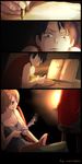  1girl book cup fountain_pen lamp meissdes monkey_d_luffy nami_(one_piece) one_piece pen sitting writing 