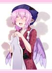  closed_eyes happy head_scarf heki-shirazumi highres holding mystia_lorelei okamisty shirt solo touhou white_shirt 