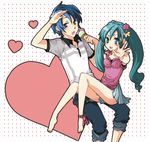  1girl alternate_costume aqua_eyes aqua_hair barefoot blue_eyes blue_hair bow casual couple food hair_ornament hands hatsune_miku heart hetero ice_cream kaito long_hair mugomumu open_mouth ribbon salute short_hair skirt smile twintails vocaloid 