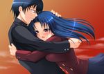  1girl bad_id bad_pixiv_id blue_hair comforting hand_on_another's_head hug kawashima_ami long_hair purple_eyes school_uniform short_hair takasu_ryuuji tears toradora! yuunagi_kanade 