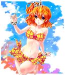  bandeau barefoot bikini breasts cleavage eyelashes food fresh_precure! medium_breasts orange_hair owarine_miku popsicle precure short_hair skirt solo swimsuit yamabuki_inori yellow_eyes 