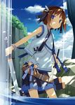  bell belt blue_eyes bracelet brown_hair cropped_jacket dappled_sunlight dual_wielding flat_chest hair_ornament hair_ribbon hairclip highres holding jacket jewelry jingle_bell katana light_rays original poco_(asahi_age) ribbon shade short_hair skirt solo sunbeam sunlight sword vest wading water weapon 