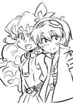  1boy 1girl couple flower goggles goggles_on_head greyscale hair_flower hair_ornament hetero jewelry lineart monochrome nia_teppelin sarashi simon sketch smile tengen_toppa_gurren_lagann younger 