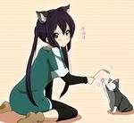  :&lt; animal animal_ears black_hair blush brown_eyes cat cat_ears cat_teaser k-on! kisuke_(akutamu) long_hair nakano_azusa sitting solo twintails 
