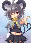  animal_ears cheese food grey_hair midriff mouse_ears mouse_tail mouth_hold navel nazrin one_eye_closed panties skirt solo tail touhou underwear usa-pom yellow_eyes 