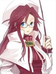  aty_(summon_night) blue_eyes face glasses hat long_hair open_mouth pointer red_hair shirabi simple_background solo summon_night summon_night_3 turtleneck 