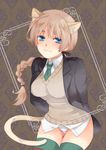  animal_ears arms_behind_back bad_id bad_pixiv_id blue_eyes blush braid breasts brown_hair cat_ears hair_ribbon long_hair lynette_bishop medium_breasts necktie panties ribbon shiramatsu single_braid smile solo strike_witches striped striped_legwear tail thighhighs underwear world_witches_series 