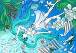  aqua_eyes aqua_hair bad_id bad_pixiv_id bubble dress fish flower hatsune_miku kurokawa_nazuna legs long_hair paper sheet_music solo twintails underwater vocaloid white_dress 