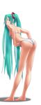  aqua_eyes aqua_hair arched_back ass barefoot bikini from_behind full_body hatsune_miku kneepits legs long_hair looking_back slender solo standing swimsuit transparent_background twintails very_long_hair vocaloid white_bikini wokada 