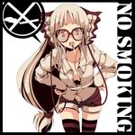  alternate_costume bad_id bad_pixiv_id bespectacled cigarette fujiwara_no_mokou fuurin_(omaemona) glasses hair_ribbon hands_on_hips highres long_hair no_smoking panties red_eyes ribbon ringed_eyes shorts silver_hair smoking solo striped striped_legwear striped_panties thighhighs touhou unbuttoned underwear very_long_hair 