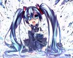  aqua_eyes aqua_hair detached_sleeves digital_dissolve hatsune_miku hatsune_miku_no_shoushitsu_(vocaloid) headphones highres long_hair mamuru necktie skirt solo tears thighhighs twintails very_long_hair vocaloid zettai_ryouiki 