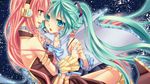  aqua_eyes aqua_hair hatsune_miku headphones headset highres holding_hands long_hair megurine_luka multiple_girls pink_hair twintails very_long_hair vocaloid yayoi_(egoistic_realism) yuri 