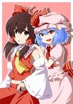  :d ahoge ascot blue_hair bow brown_eyes brown_hair detached_sleeves hair_bow hair_ribbon hair_tubes hakurei_reimu hand_on_shoulder hat highres leon_(mikiri_hassha) midriff multiple_girls navel no_wings open_mouth red_eyes remilia_scarlet ribbon smile sweatdrop touhou 