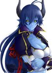  asmodeus_(shinrabanshou) black_sclera blue_hair blue_skin breasts chain cleavage collar crossed_arms demon_girl demon_tail fingernails frown giba_(out-low) horns large_breasts long_hair pointy_ears shinrabanshou slit_pupils solo tail very_long_hair yellow_eyes 