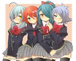  bad_id bad_pixiv_id blue_hair blush bow crossdressing eyebrows eyepatch fubuki_shirou green_eyes hair_over_one_eye highres inazuma_eleven inazuma_eleven_(series) kazemaru_ichirouta kiyama_hiroto long_hair male_focus miniskirt multiple_boys otoko_no_ko red_hair ribbon sakuma_jirou school_uniform short_hair skirt thighhighs tsukudani_norio white_hair 