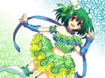  \m/ arm_warmers bow green_hair hat macross macross_frontier masurao_bc md5_mismatch midriff mini_hat mini_top_hat navel open_mouth ranka_lee red_eyes ribbon skirt smile solo thighhighs top_hat 