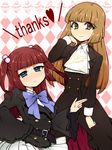  bad_id bad_pixiv_id banned_artist belt blue_eyes brown_eyes brown_hair hair_bobbles hair_ornament hime_cut long_hair melting_scarlet multiple_girls red_hair ribbon skirt umineko_no_naku_koro_ni ushiromiya_ange ushiromiya_rosa 