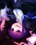  blue_hair cat dress frederica_bernkastel looking_at_viewer lying on_back purple_eyes solo too_many too_many_cats troll_face umineko_no_naku_koro_ni upside-down yasutake 